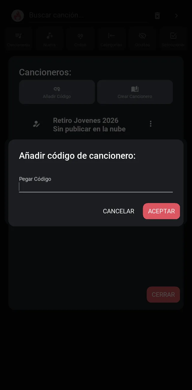 Ventana para pegar el código del cancionero