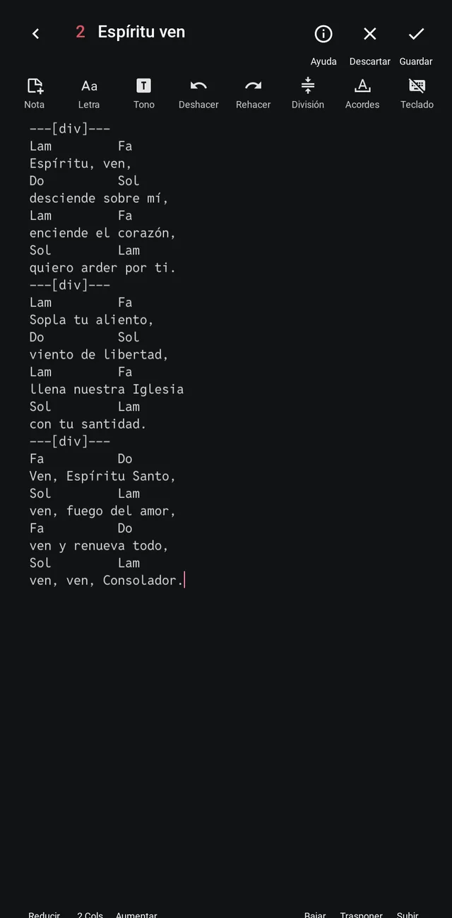 Editor de canciones con la letra y los acordes
