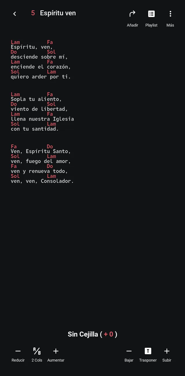 Canción abierta con los botones Añadir y Playlist