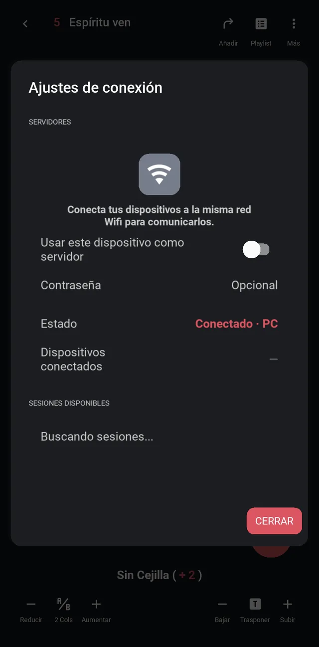 Ajustes de conexión con el estado Conectado